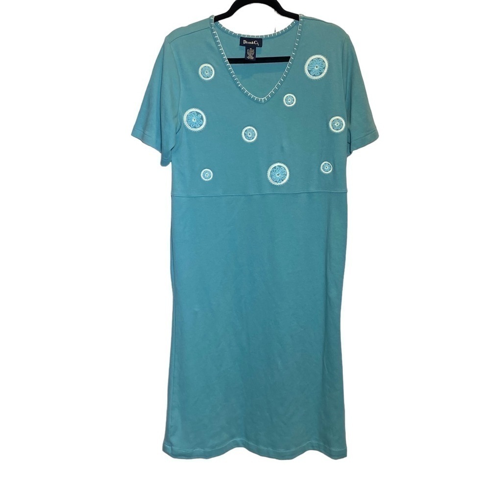 Denim & Co. women's Medium midi length blue crochet embroidered knit tee dress